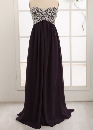 Strapless Sweetheart Purple Chiffon Crystals Prom Dress